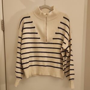 Draper James Cream and Navy Striped Half-Zip Sweater
